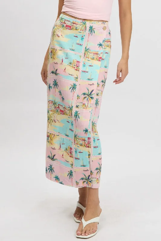 Multi Abstract Wrap Skirt High Waisted Midaxi