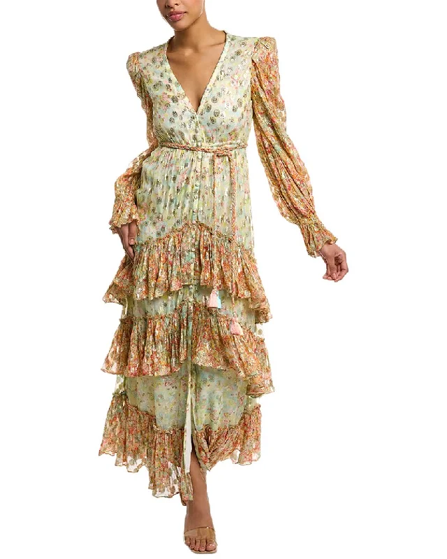 Rococo Sand Metallic Tiered Maxi Dress