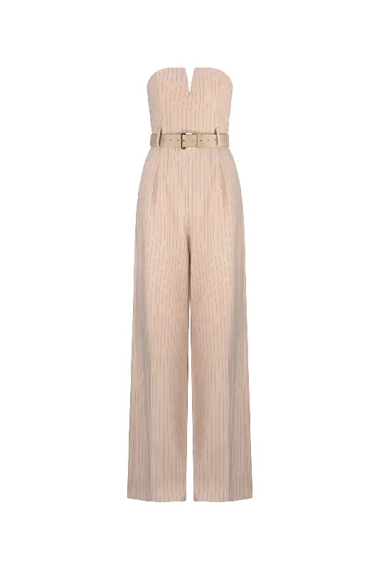CURAAE Seraphina Tailored Pinstripe Jumpsuit In Beige