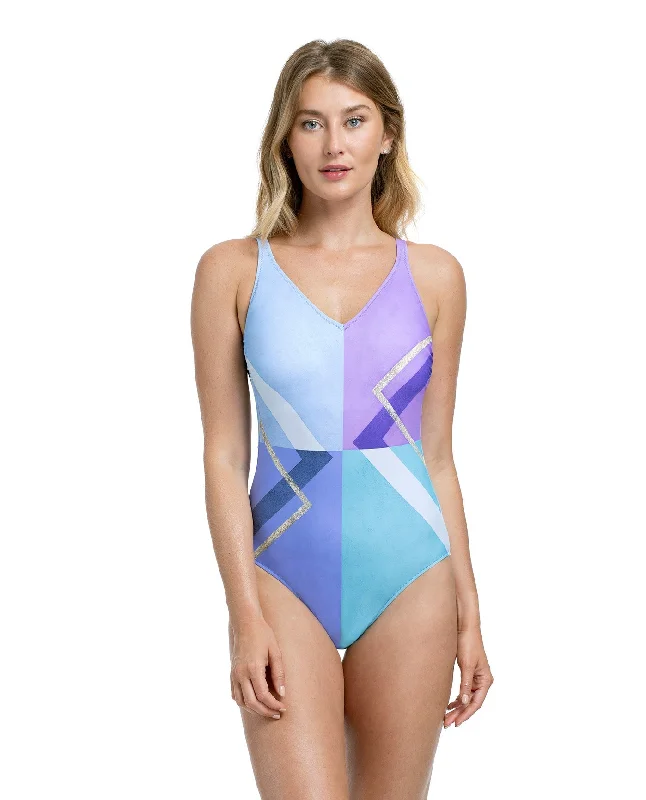 Gottex Modern Art Full Coverage V-Neck High Back One Piece Swimsuit